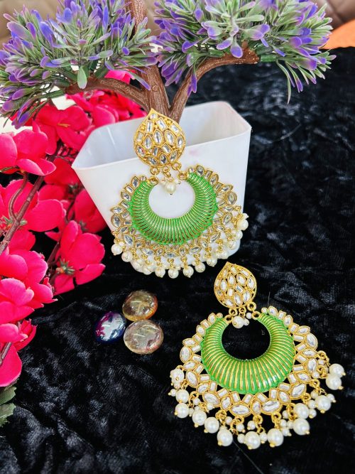 Yellow Meenakari kundan Chandbali Earring