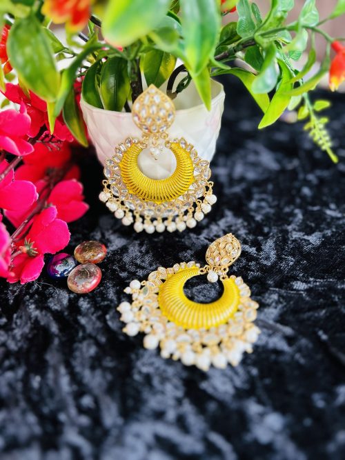 Yellow Meenakari kundan Chandbali Earring