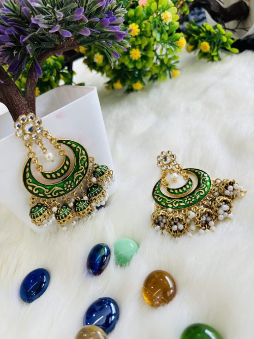 Green Meenakari Chandbali Mini Jhumki Earring